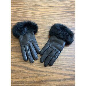 Genuine leather black lined gloves with faux fur trim size Medium